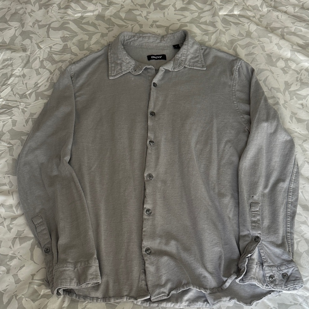 DKNY Men's Light Gray Button-Up Shirt with Distressed Hem